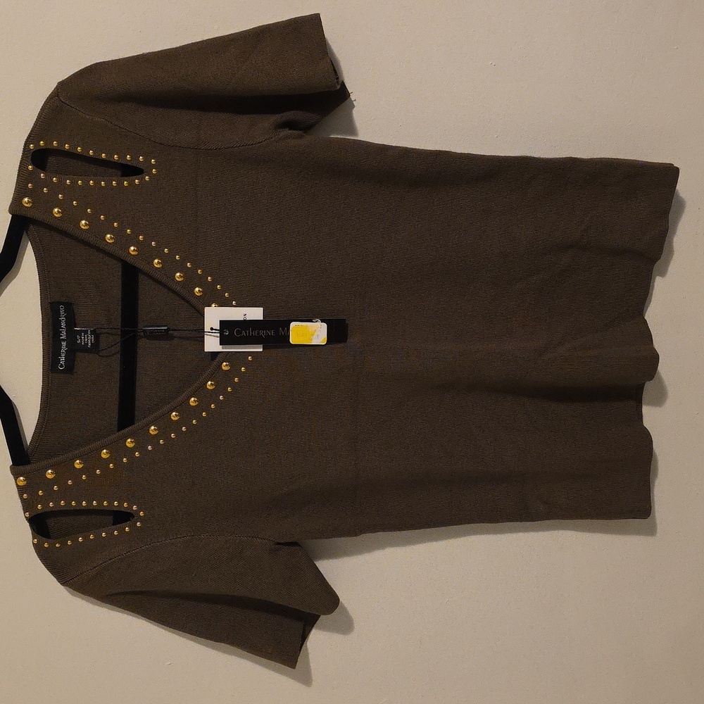 Catherine Malandrino Olive Green Knit Top Gold Embellished Peek A Boo Shoulder
